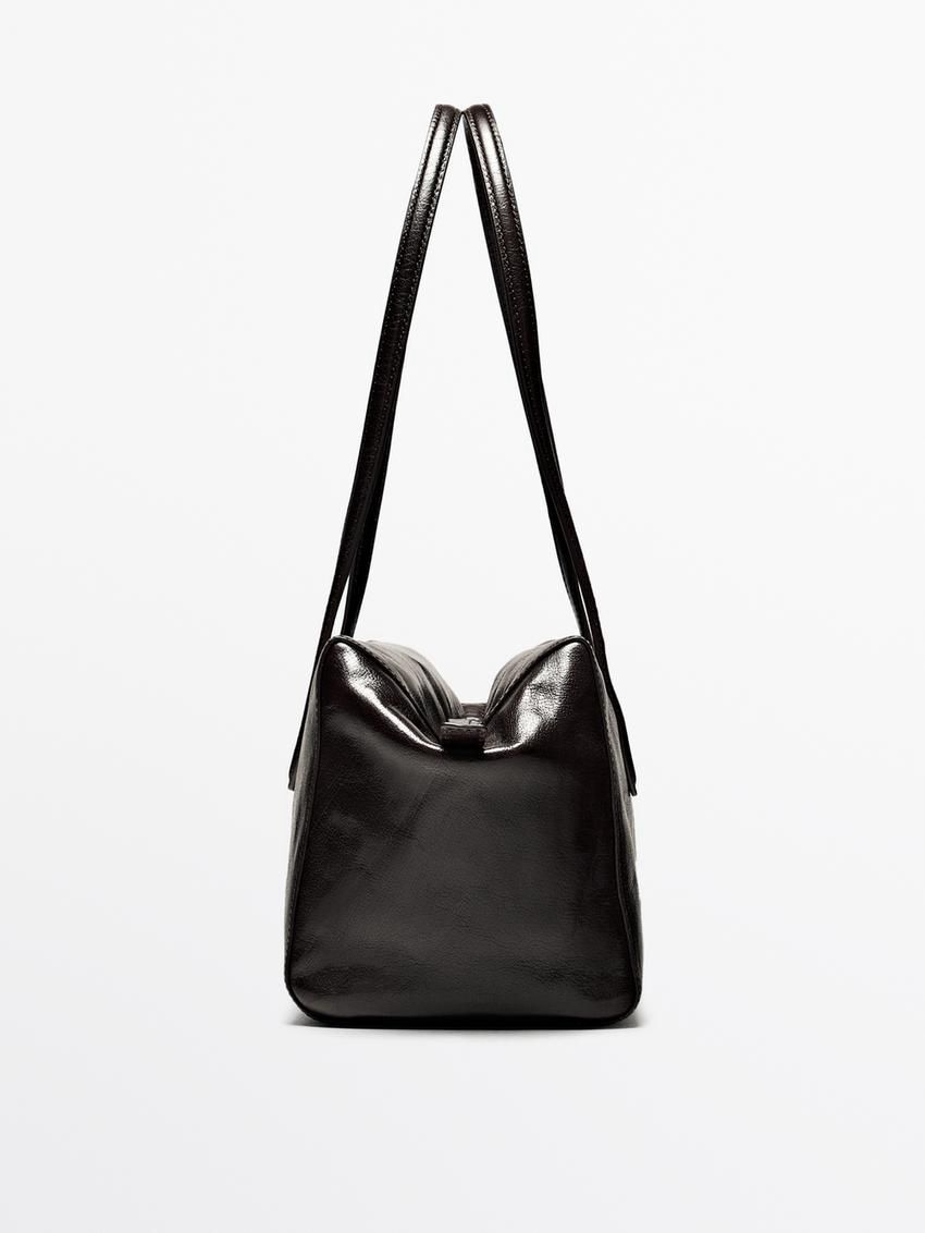 Massimo Dutti Crackled Nappa Satchel Women Shoulder Bag Dark Brown | US-KS6359271