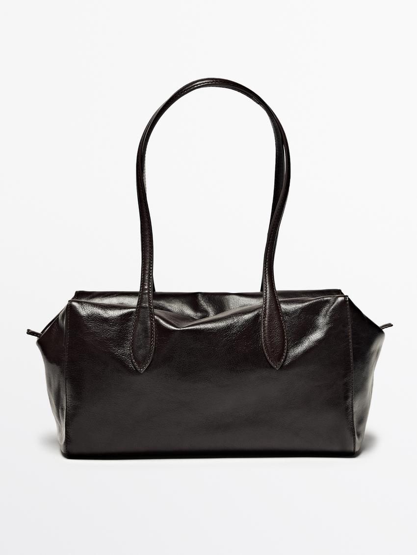 Massimo Dutti Crackled Nappa Satchel Women Shoulder Bag Dark Brown | US-KS6359271