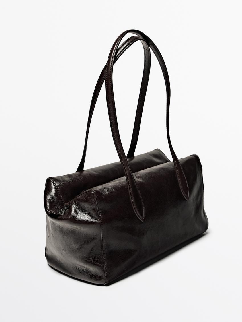 Massimo Dutti Crackled Nappa Satchel Women Shoulder Bag Dark Brown | US-KS6359271