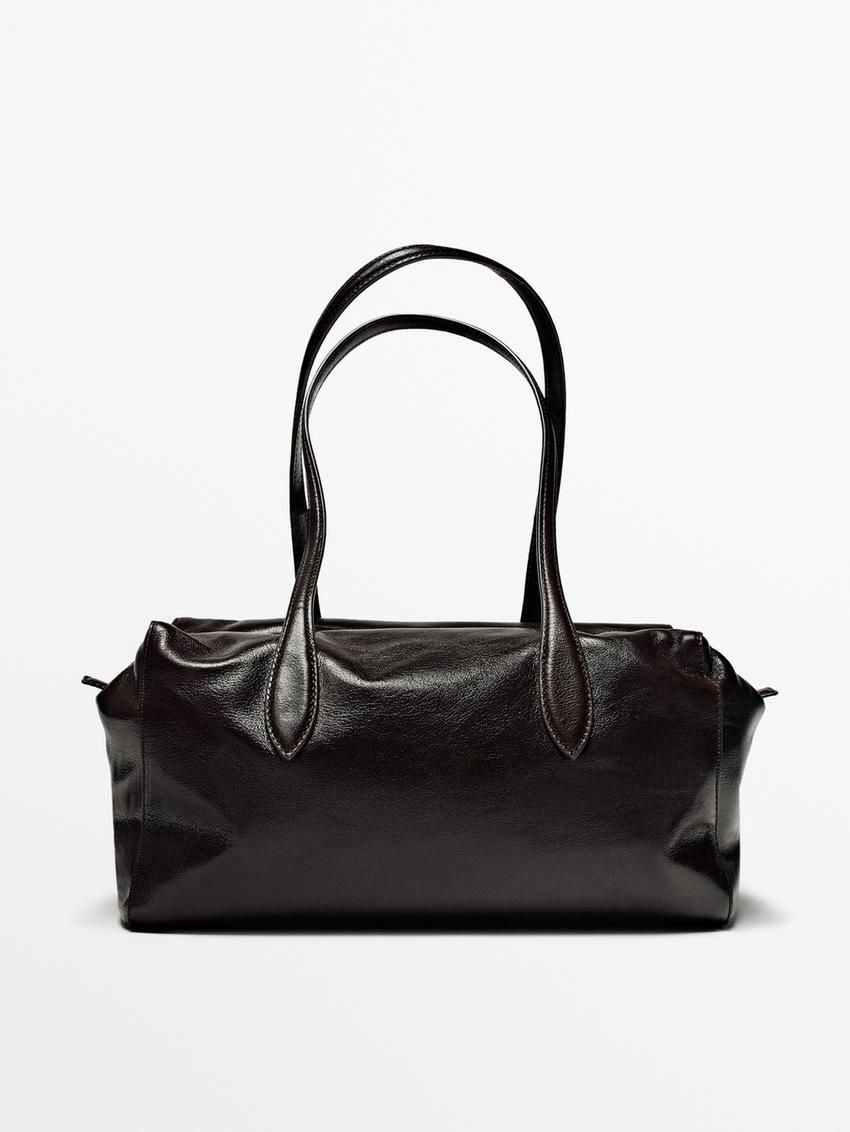 Massimo Dutti Crackled Nappa Satchel Women Shoulder Bag Dark Brown | US-KS6359271
