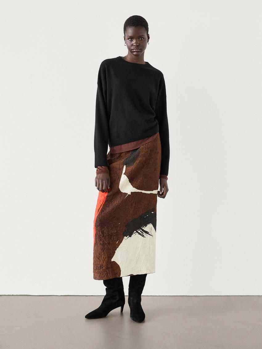 Massimo Dutti Creased-effect Printed Women Skirts Brown / Multicolor | US-XP9520876