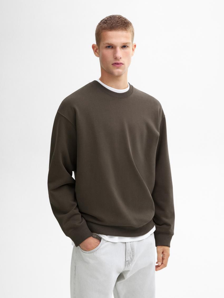 Massimo Dutti Crew Neck Cotton Blend Men Sweatshirt Dark Olive | US-QY8201497