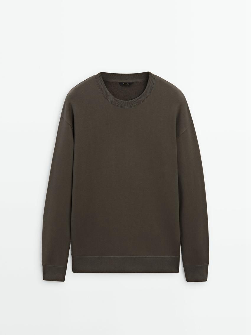 Massimo Dutti Crew Neck Cotton Blend Men Sweatshirt Dark Olive | US-QY8201497