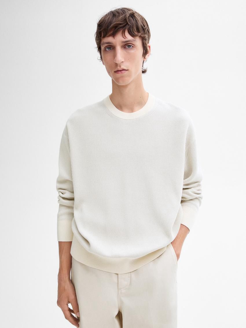 Massimo Dutti Crew Neck Cotton Knit Men Sweater Cream | US-NQ9713405