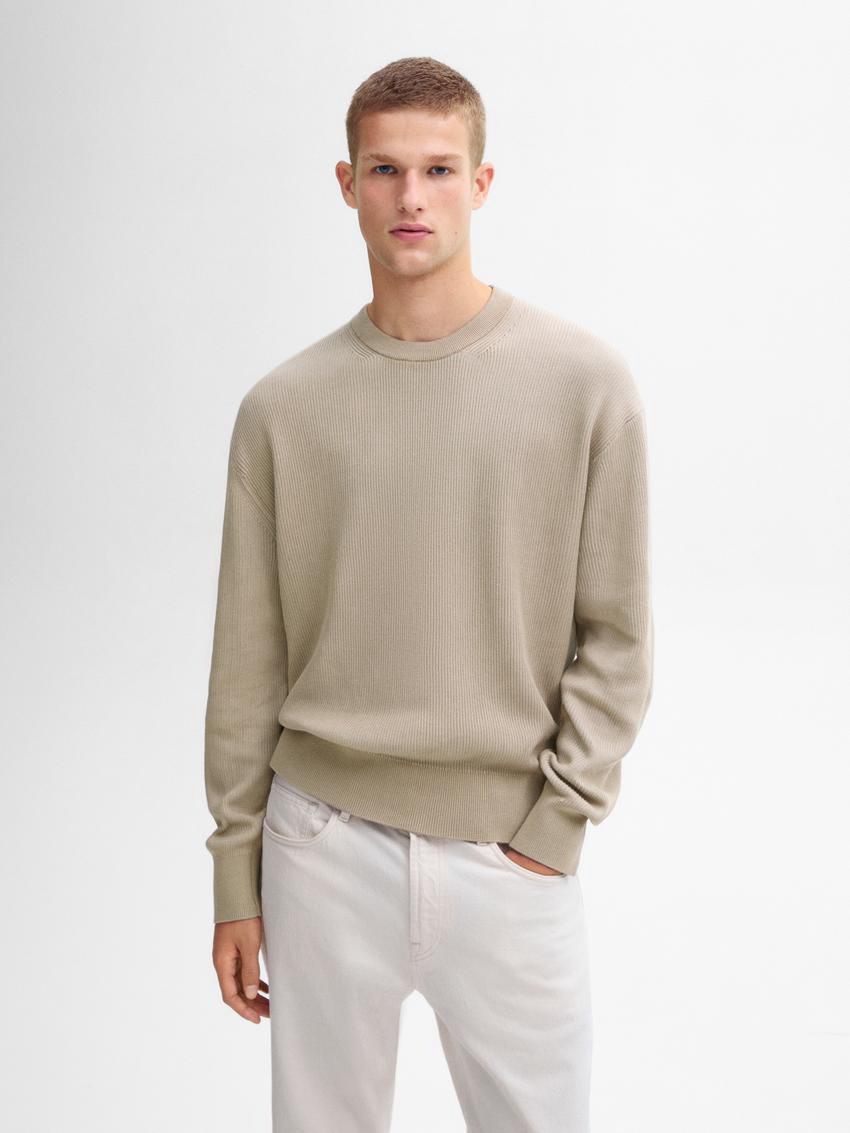 Massimo Dutti Crew Neck Cotton Knit Men Sweater Beige | US-EZ7591826