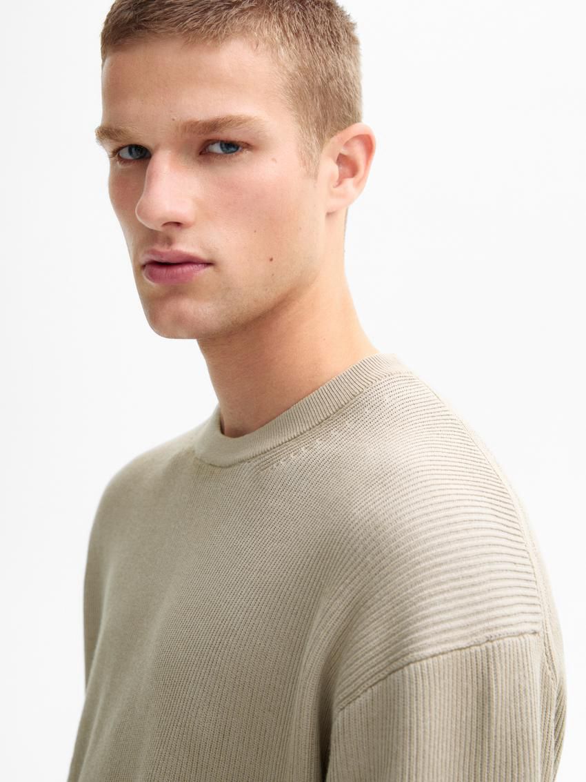 Massimo Dutti Crew Neck Cotton Knit Men Sweater Beige | US-EZ7591826
