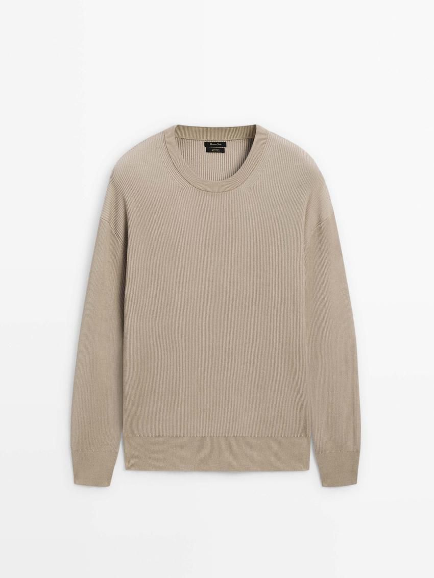 Massimo Dutti Crew Neck Cotton Knit Men Sweater Beige | US-EZ7591826