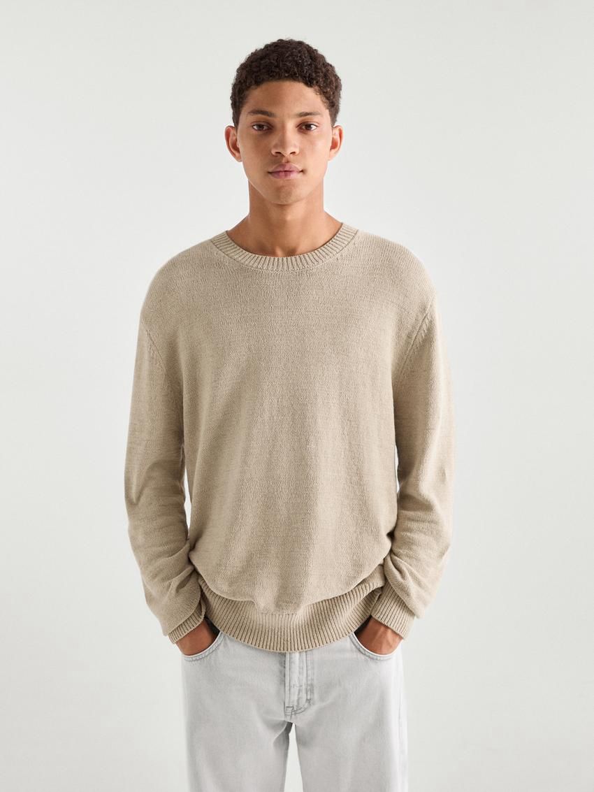 Massimo Dutti Crew Neck Knit Men Sweater Beige | US-WX3465027