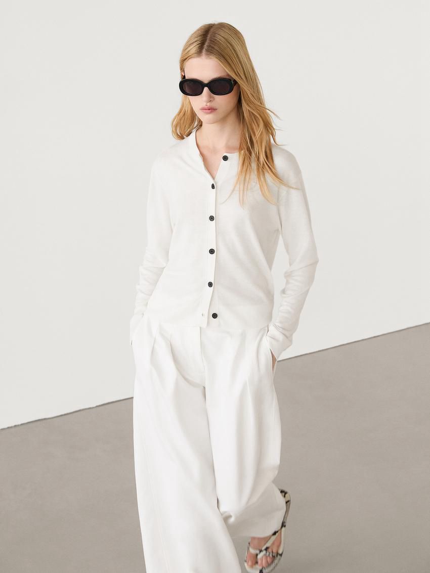 Massimo Dutti Crew Neck Knit Women Cardigan Cream | US-IJ1342896