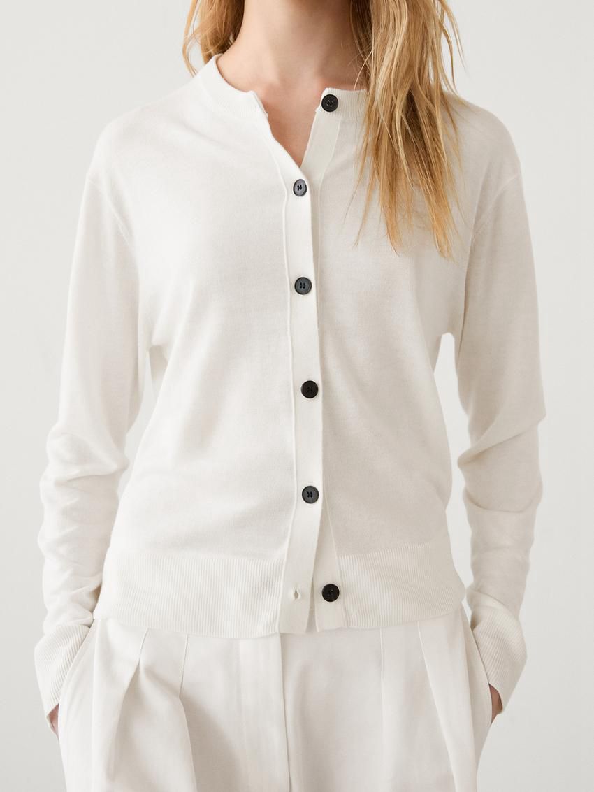 Massimo Dutti Crew Neck Knit Women Cardigan Cream | US-IJ1342896