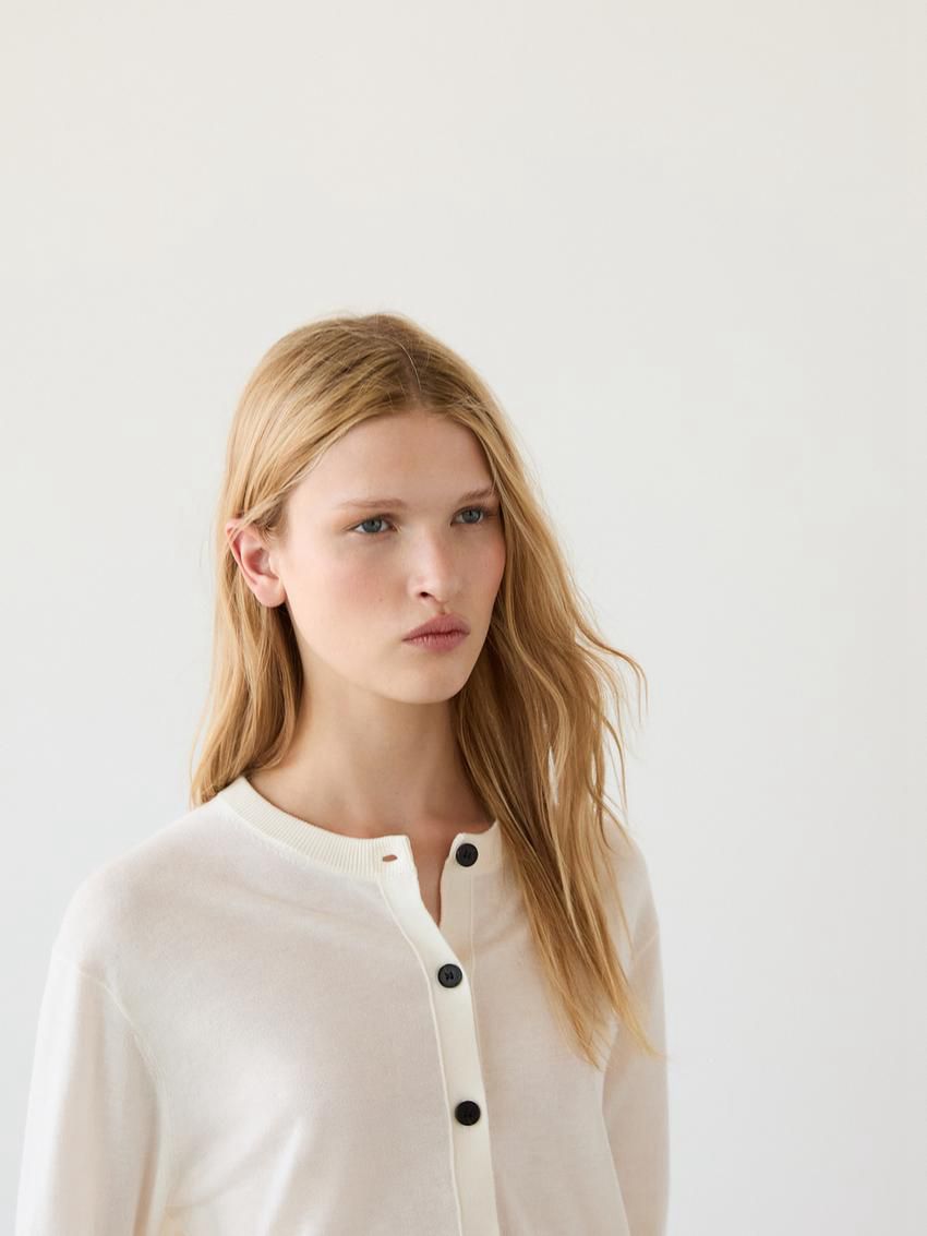Massimo Dutti Crew Neck Knit Women Cardigan Cream | US-IJ1342896