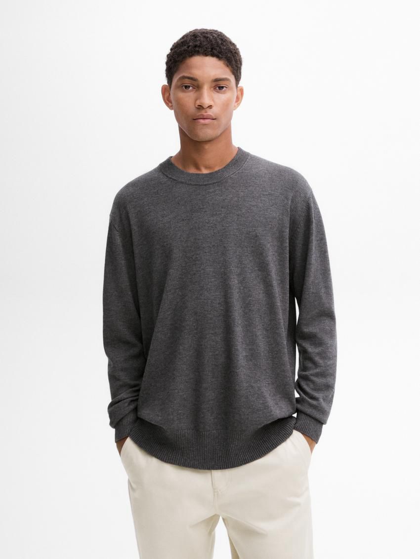 Massimo Dutti Crew Neck Knit Wool Men Sweater Dark Grey | US-OI2405817
