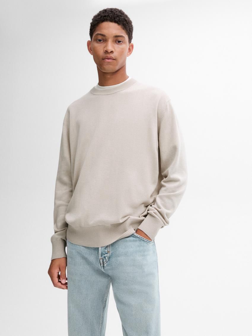 Massimo Dutti Crew Neck Knit Wool Men Sweater Beige | US-OB4517980