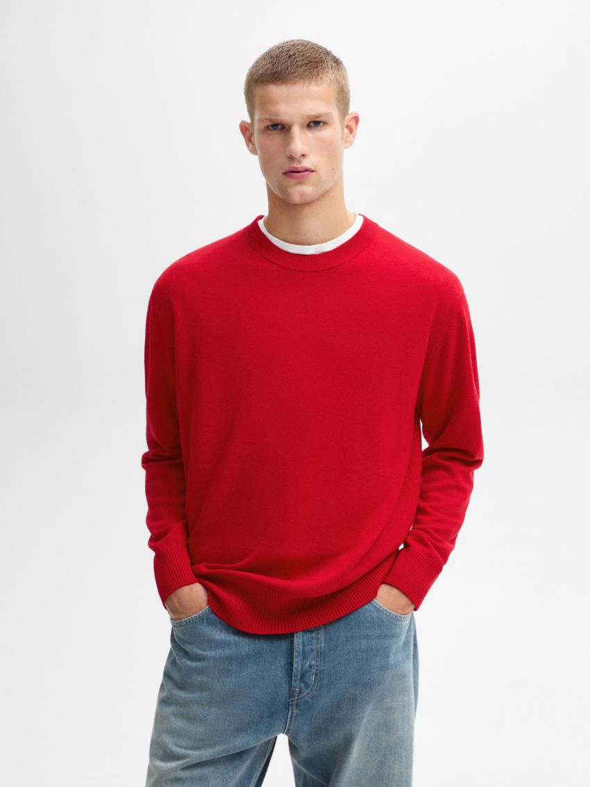 Massimo Dutti Crew Neck Knit Wool Men Sweater Red | US-RY9543627