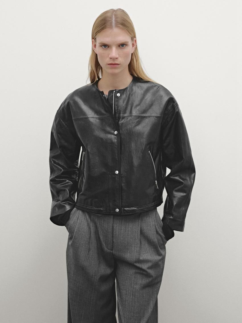 Massimo Dutti Crew Neck Nappa Women Leather Jacket Black | US-WN3128064