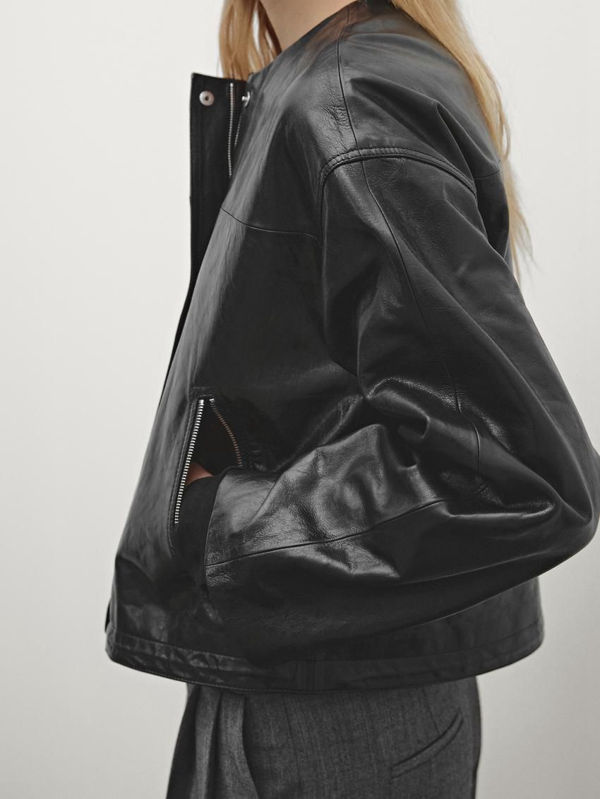 Massimo Dutti Crew Neck Nappa Women Leather Jacket Black | US-WN3128064