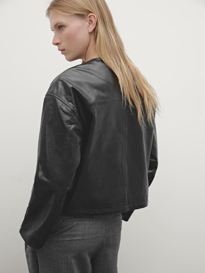 Massimo Dutti Crew Neck Nappa Women Leather Jacket Black | US-WN3128064