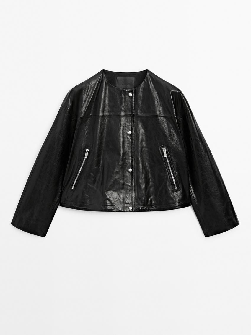 Massimo Dutti Crew Neck Nappa Women Leather Jacket Black | US-WN3128064