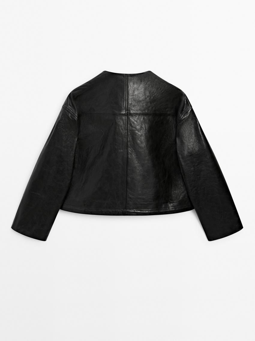 Massimo Dutti Crew Neck Nappa Women Leather Jacket Black | US-WN3128064