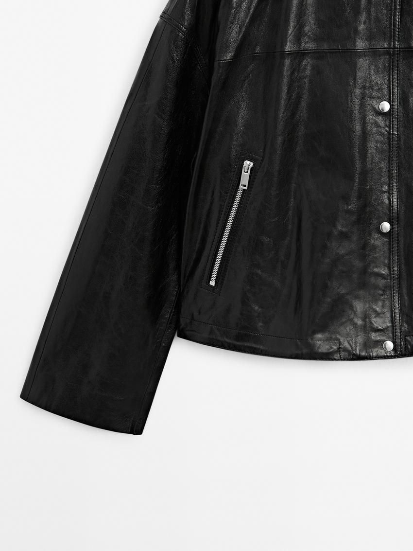 Massimo Dutti Crew Neck Nappa Women Leather Jacket Black | US-WN3128064