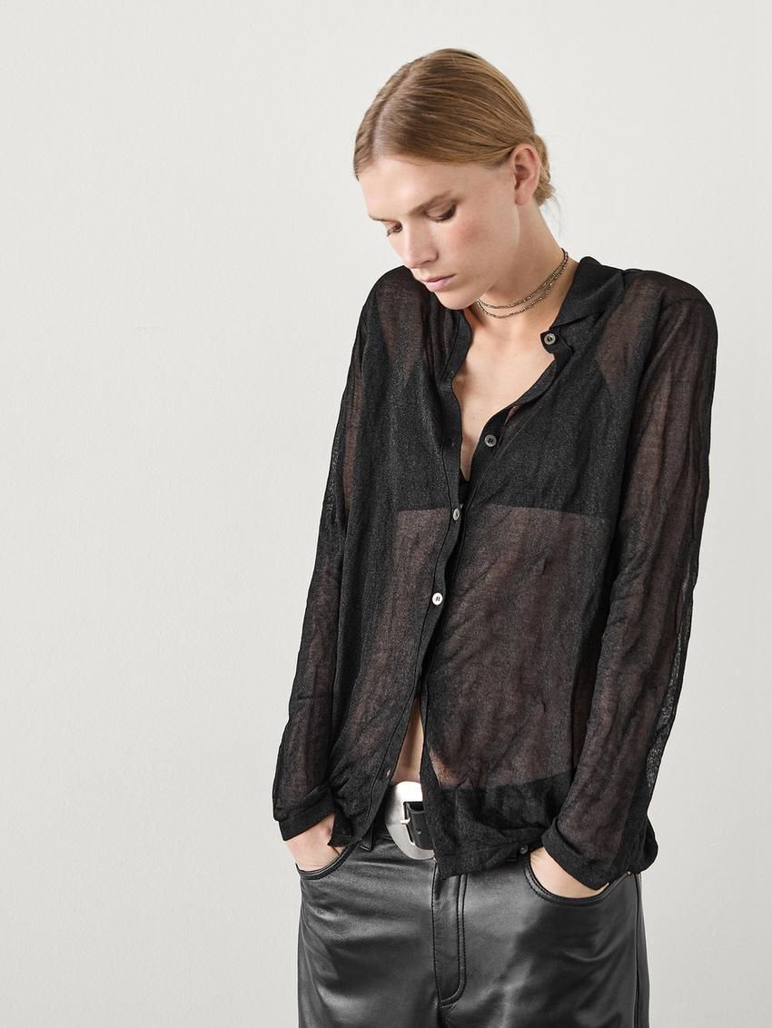 Massimo Dutti Crinkled Polo Collar Women Cardigan Black | US-ZS3978451