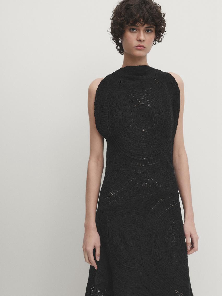Massimo Dutti Crochet Midi With Embroidery Women Dress Black | US-QT3829657