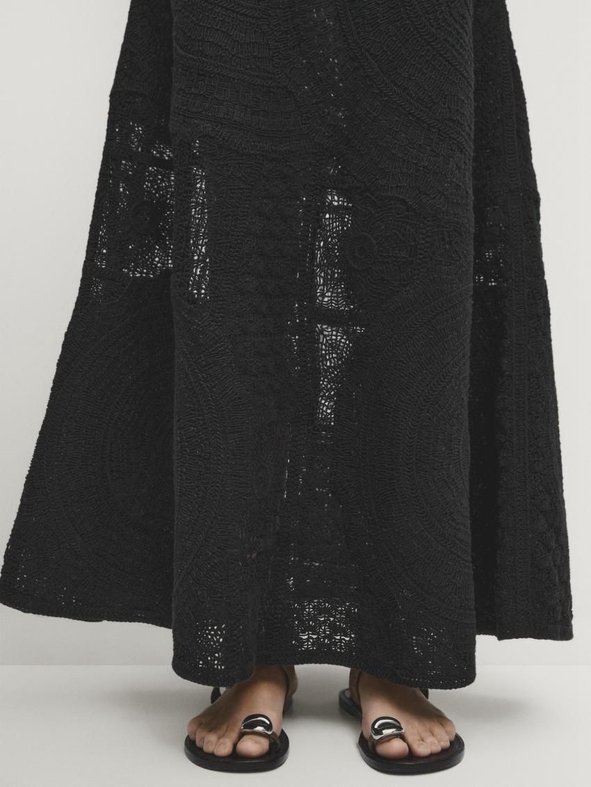 Massimo Dutti Crochet Midi With Embroidery Women Dress Black | US-QT3829657