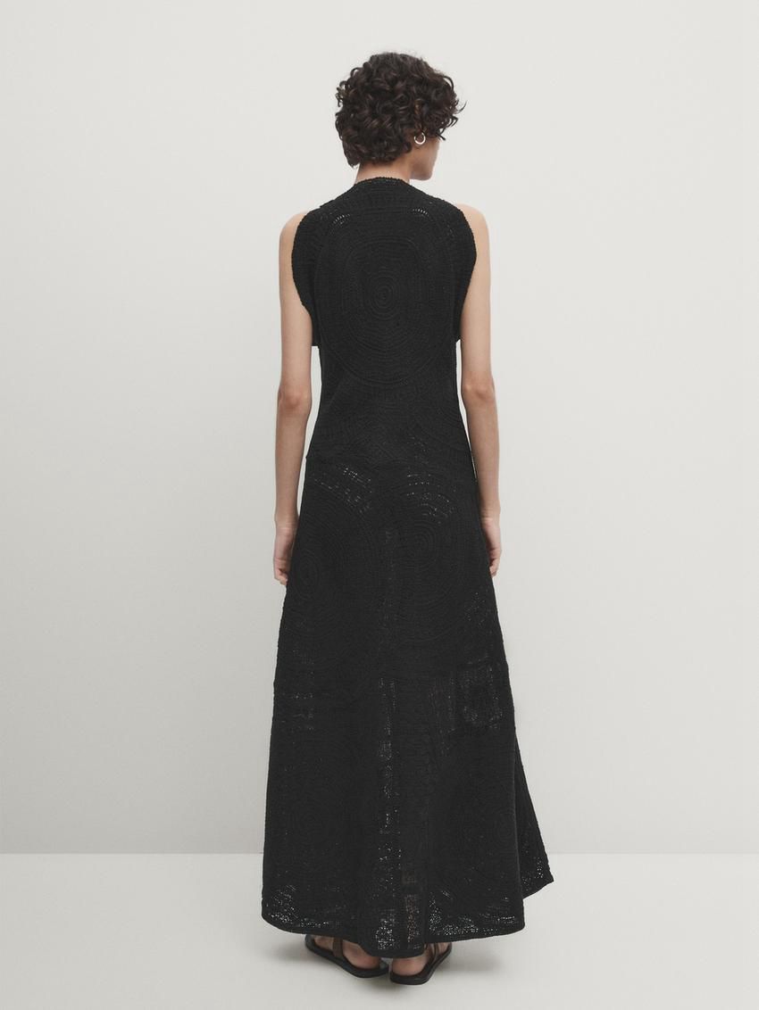 Massimo Dutti Crochet Midi With Embroidery Women Dress Black | US-QT3829657