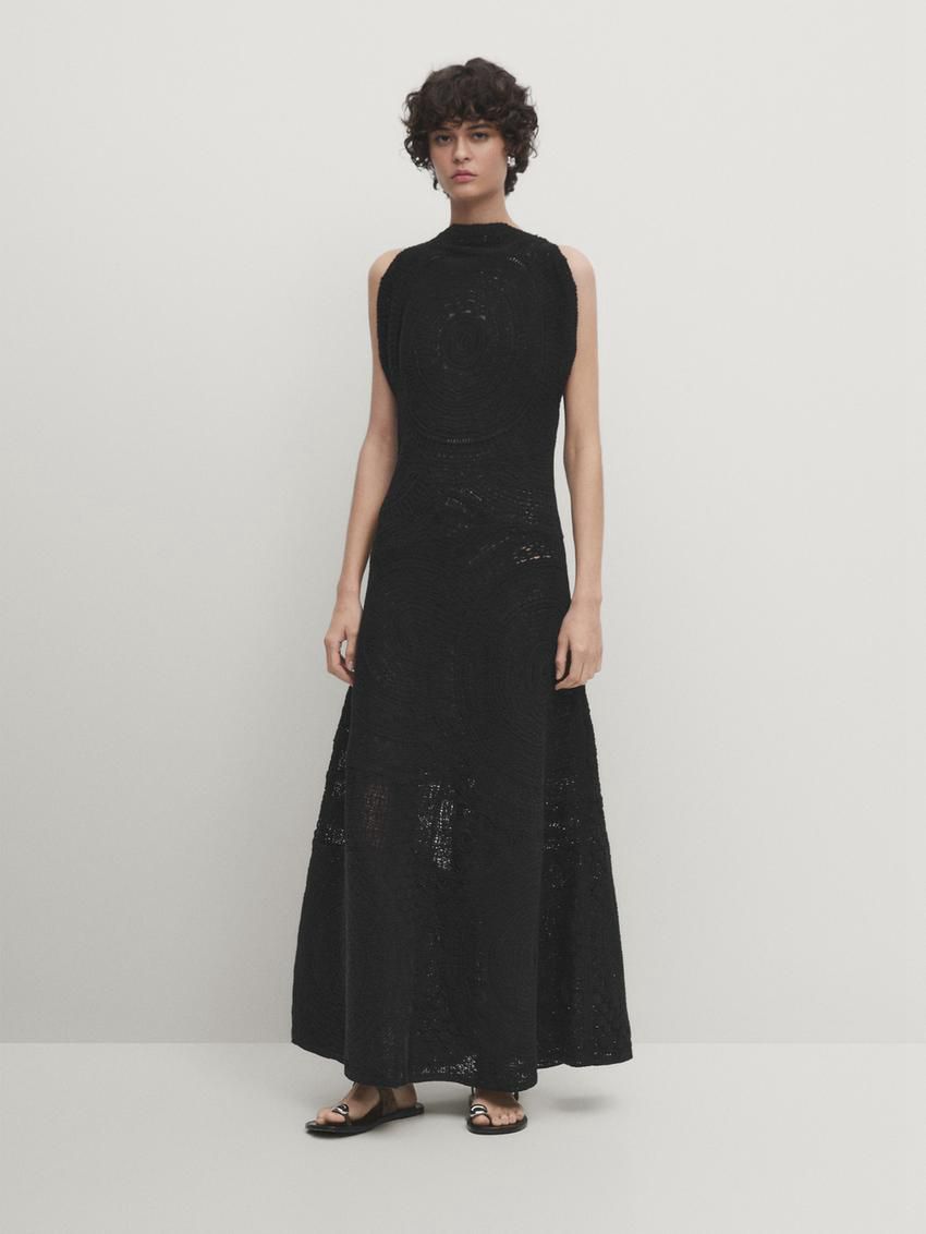 Massimo Dutti Crochet Midi With Embroidery Women Dress Black | US-QT3829657