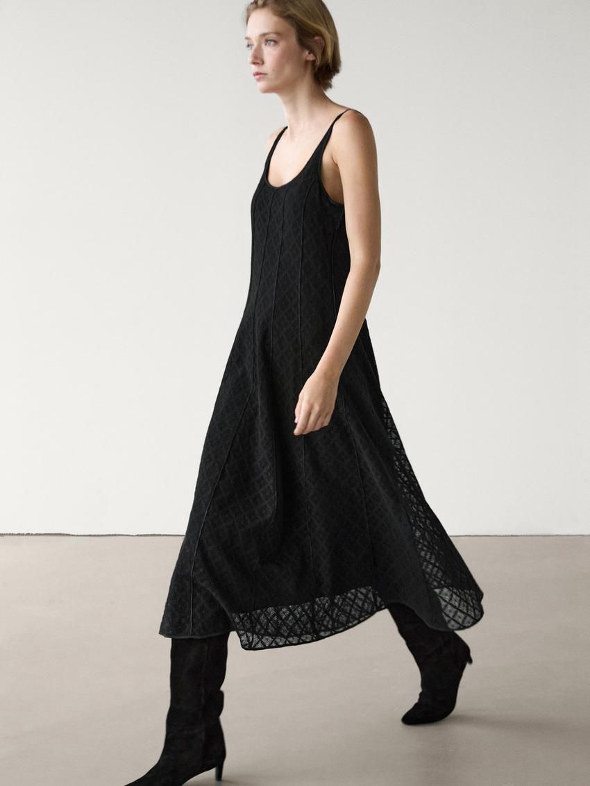 Massimo Dutti Crochet Midi Women Dress Black | US-KD1254378