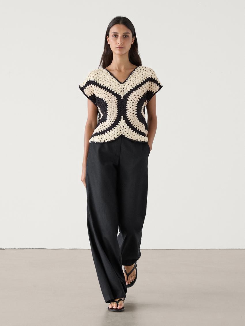 Massimo Dutti Crochet With Contrast Detail Women Top Black / Cream | US-GY9482501
