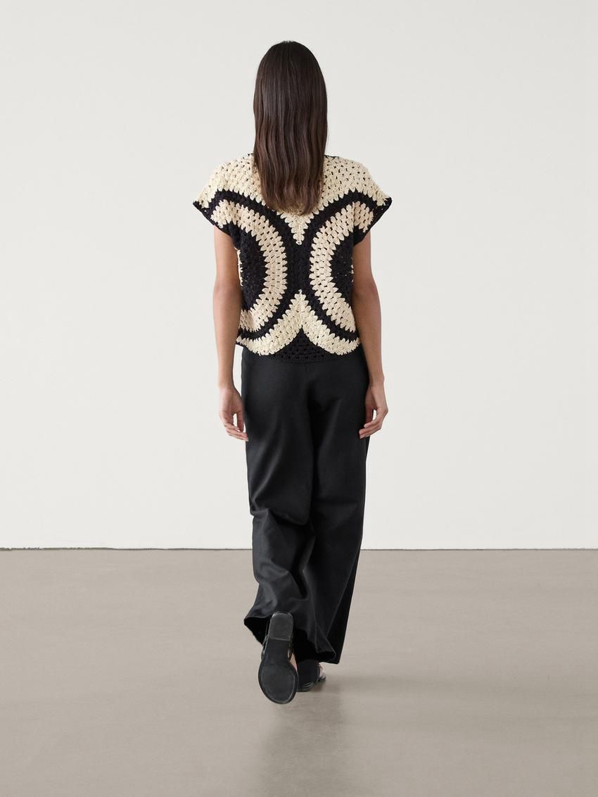 Massimo Dutti Crochet With Contrast Detail Women Top Black / Cream | US-GY9482501
