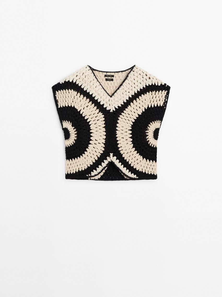 Massimo Dutti Crochet With Contrast Detail Women Top Black / Cream | US-GY9482501