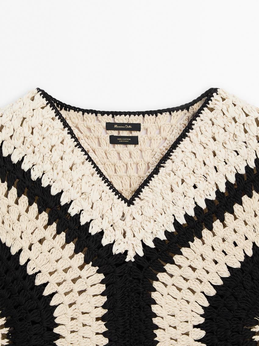 Massimo Dutti Crochet With Contrast Detail Women Top Black / Cream | US-GY9482501
