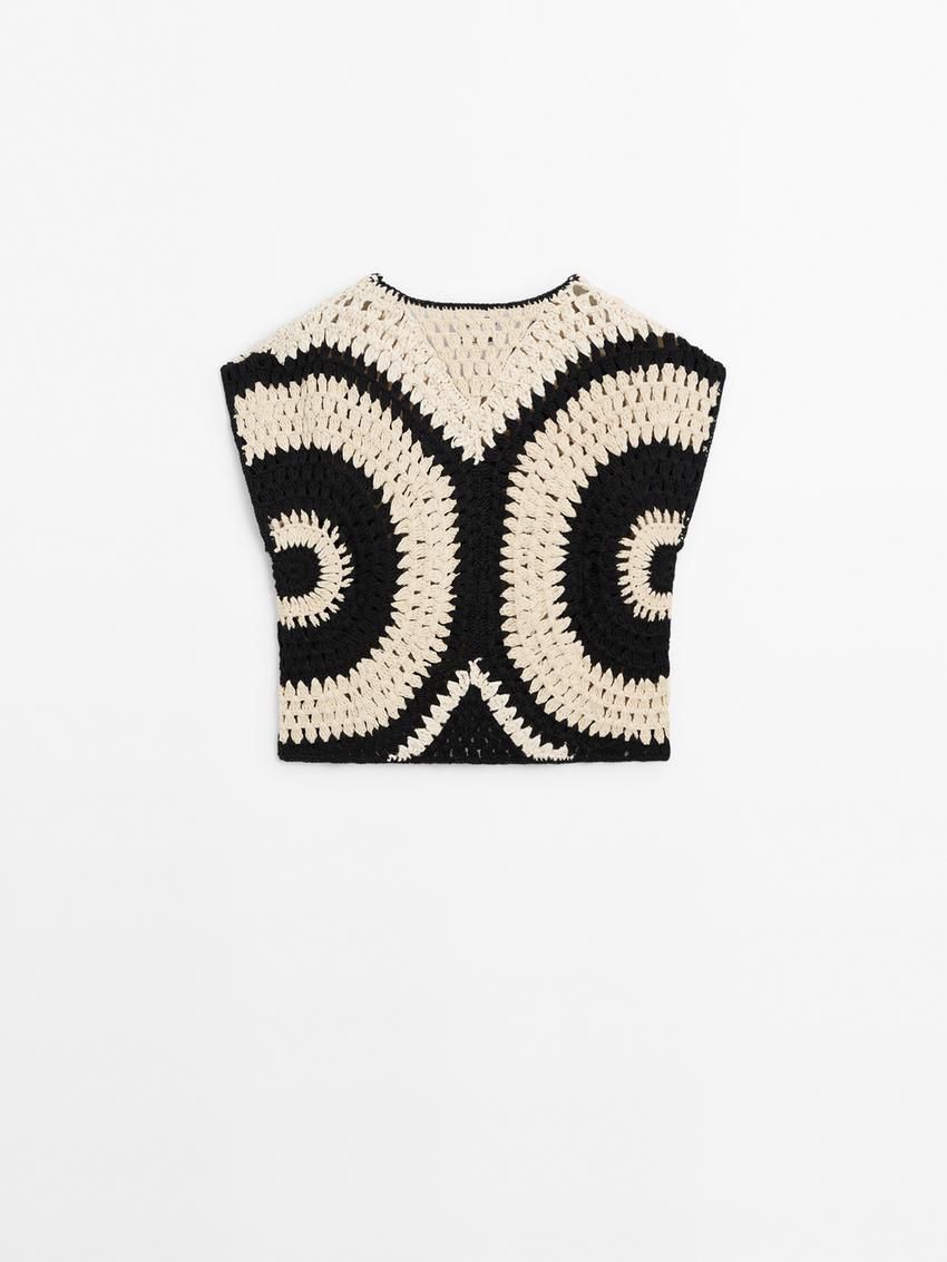 Massimo Dutti Crochet With Contrast Detail Women Top Black / Cream | US-GY9482501