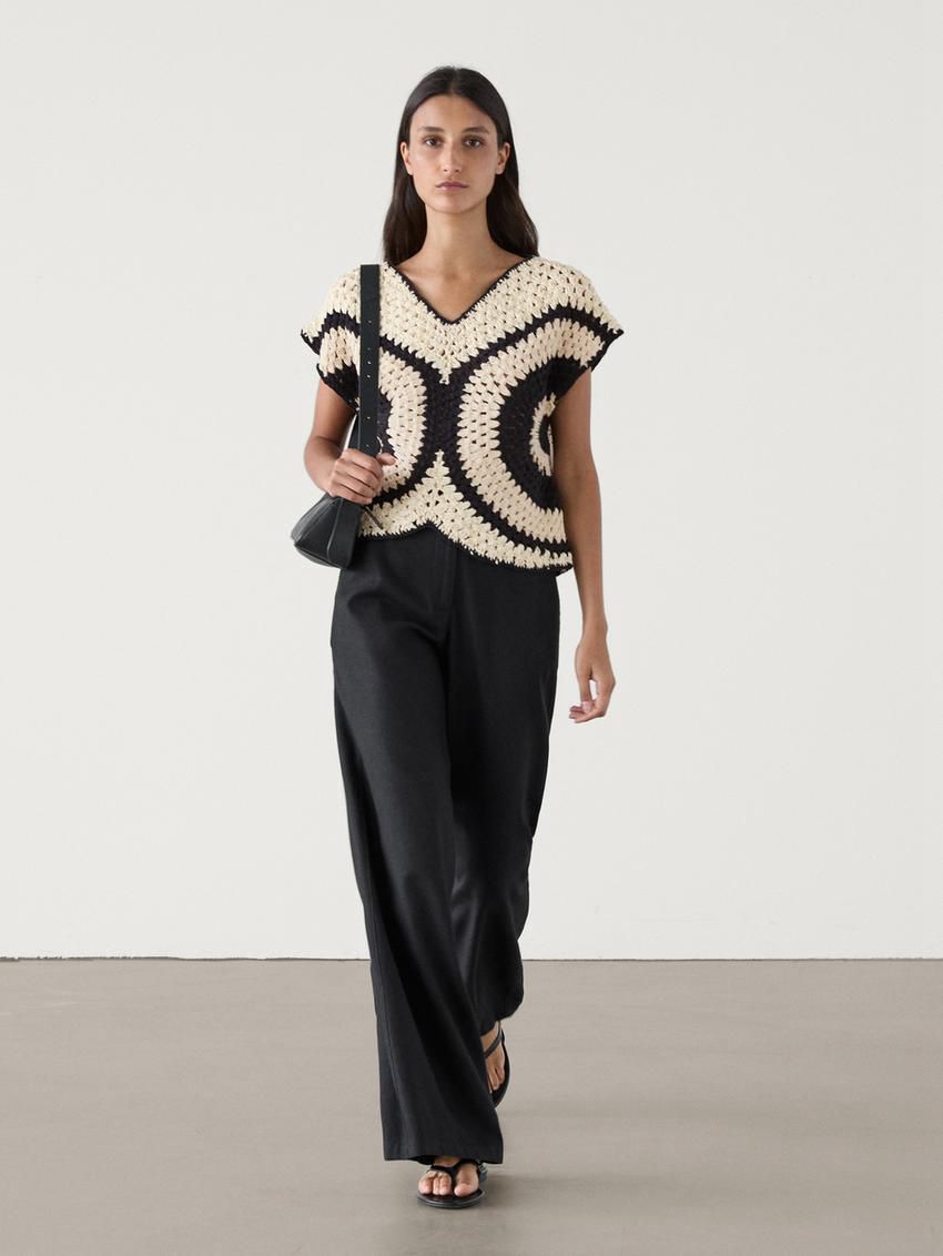 Massimo Dutti Crochet With Contrast Detail Women Top Black / Cream | US-GY9482501