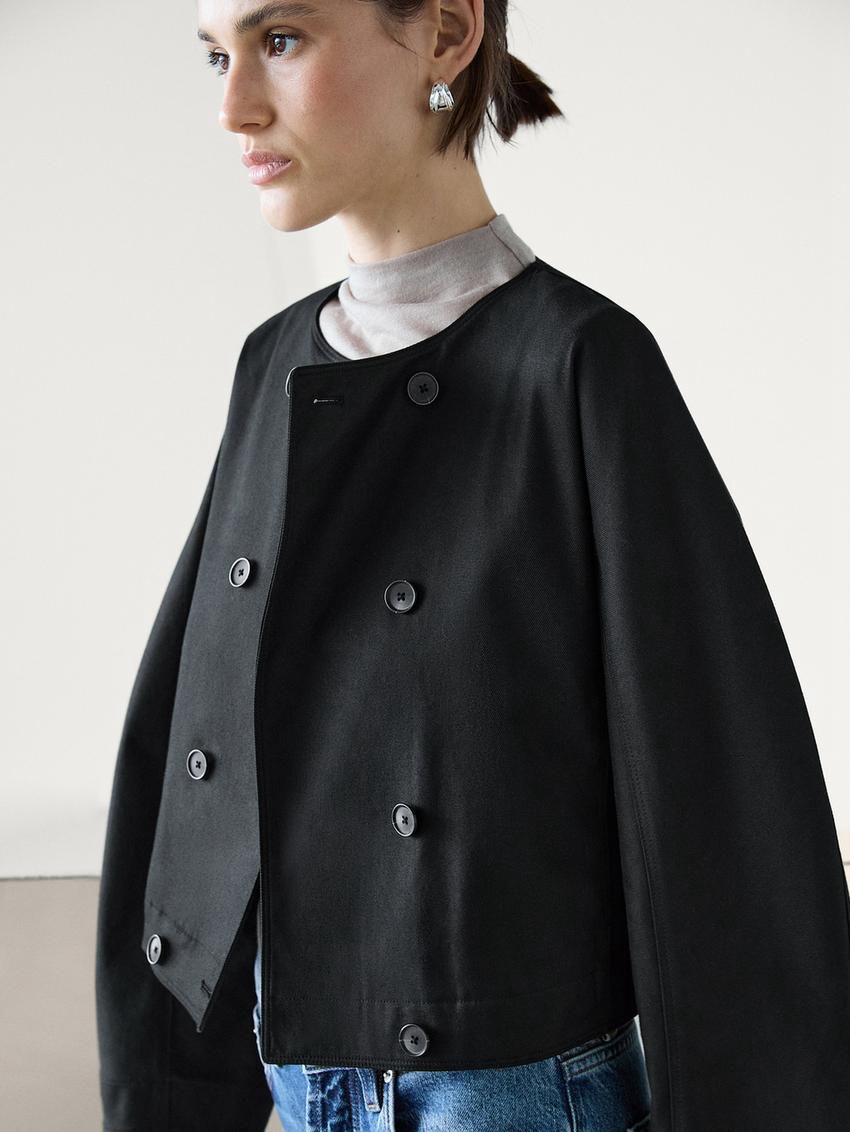 Massimo Dutti Cropped Double-breasted Cotton Women Jacket Black | US-CO6254918