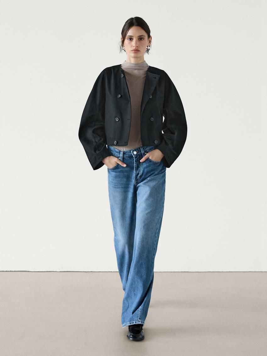 Massimo Dutti Cropped Double-breasted Cotton Women Jacket Black | US-CO6254918