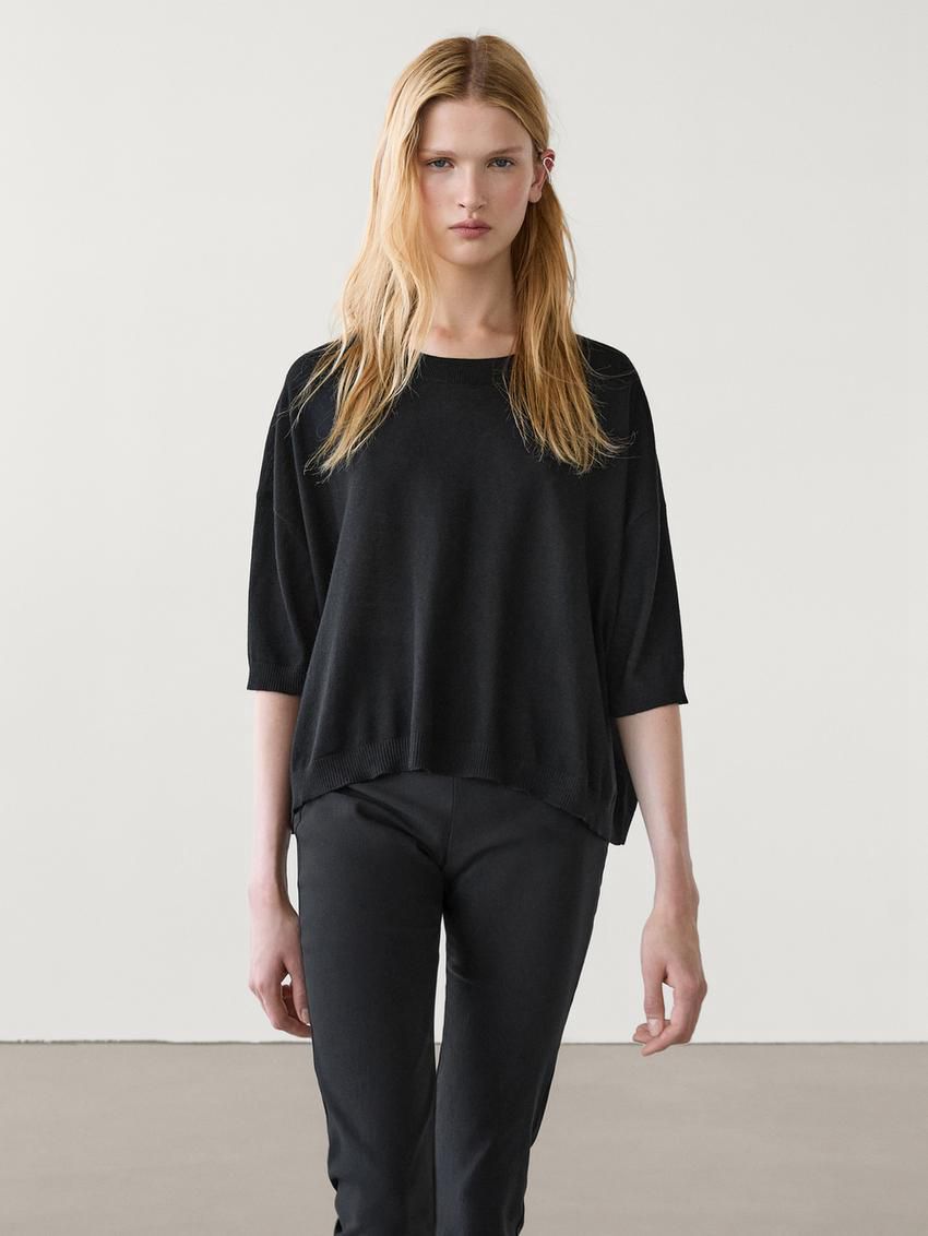 Massimo Dutti Cropped Knit Short Sleeve Women Sweater Black | US-SP0892137