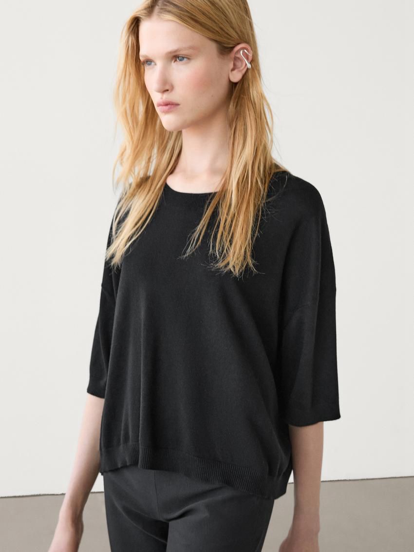 Massimo Dutti Cropped Knit Short Sleeve Women Sweater Black | US-SP0892137