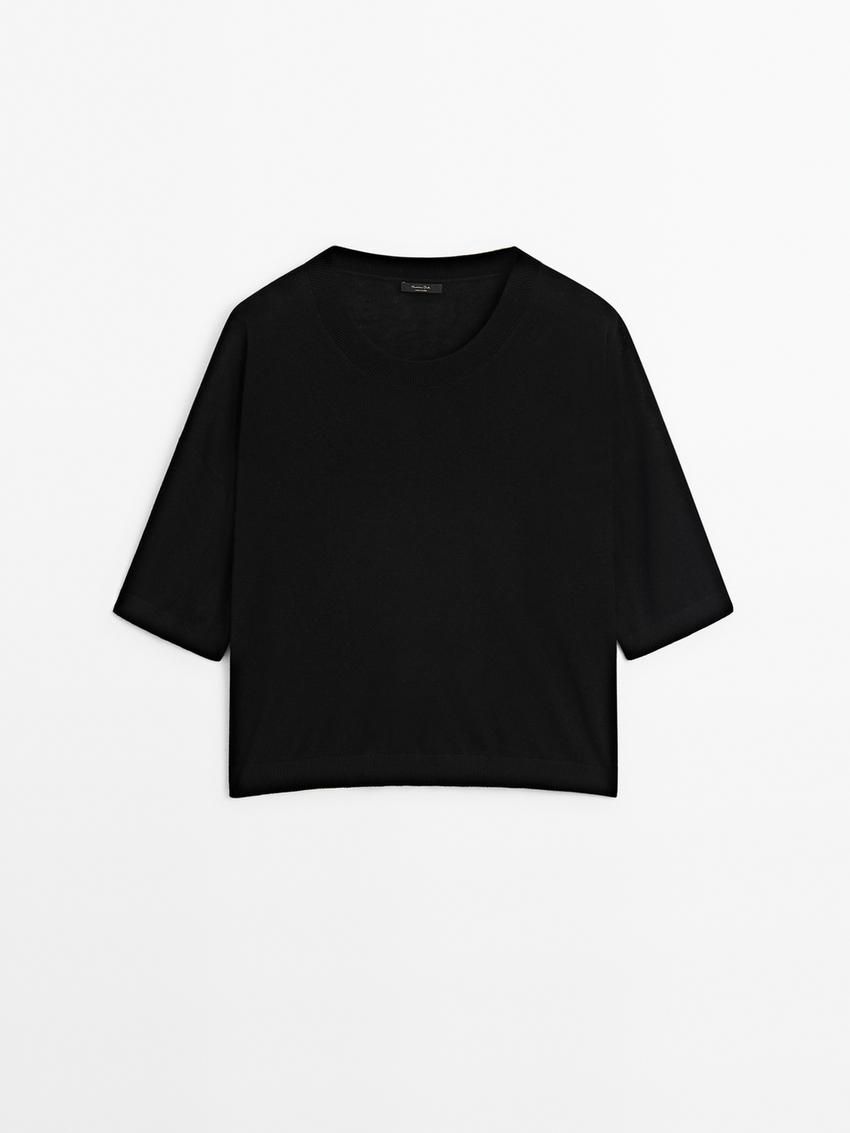 Massimo Dutti Cropped Knit Short Sleeve Women Sweater Black | US-SP0892137