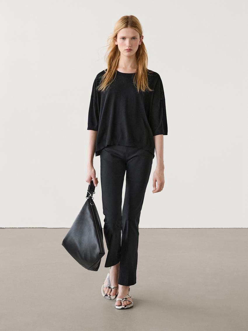 Massimo Dutti Cropped Knit Short Sleeve Women Sweater Black | US-SP0892137