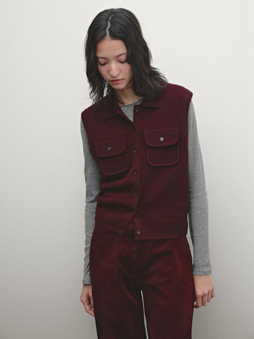 Massimo Dutti Cropped Knitted With Pockets Women Vest Burgundy | US-TL4261935