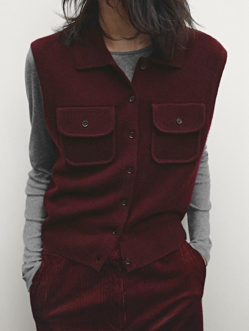 Massimo Dutti Cropped Knitted With Pockets Women Vest Burgundy | US-TL4261935