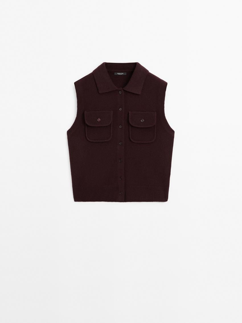 Massimo Dutti Cropped Knitted With Pockets Women Vest Burgundy | US-TL4261935