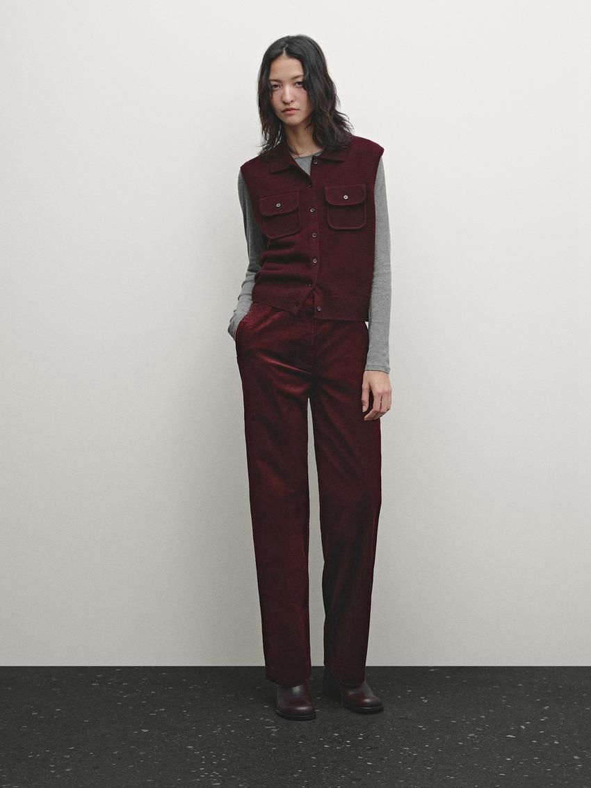 Massimo Dutti Cropped Knitted With Pockets Women Vest Burgundy | US-TL4261935