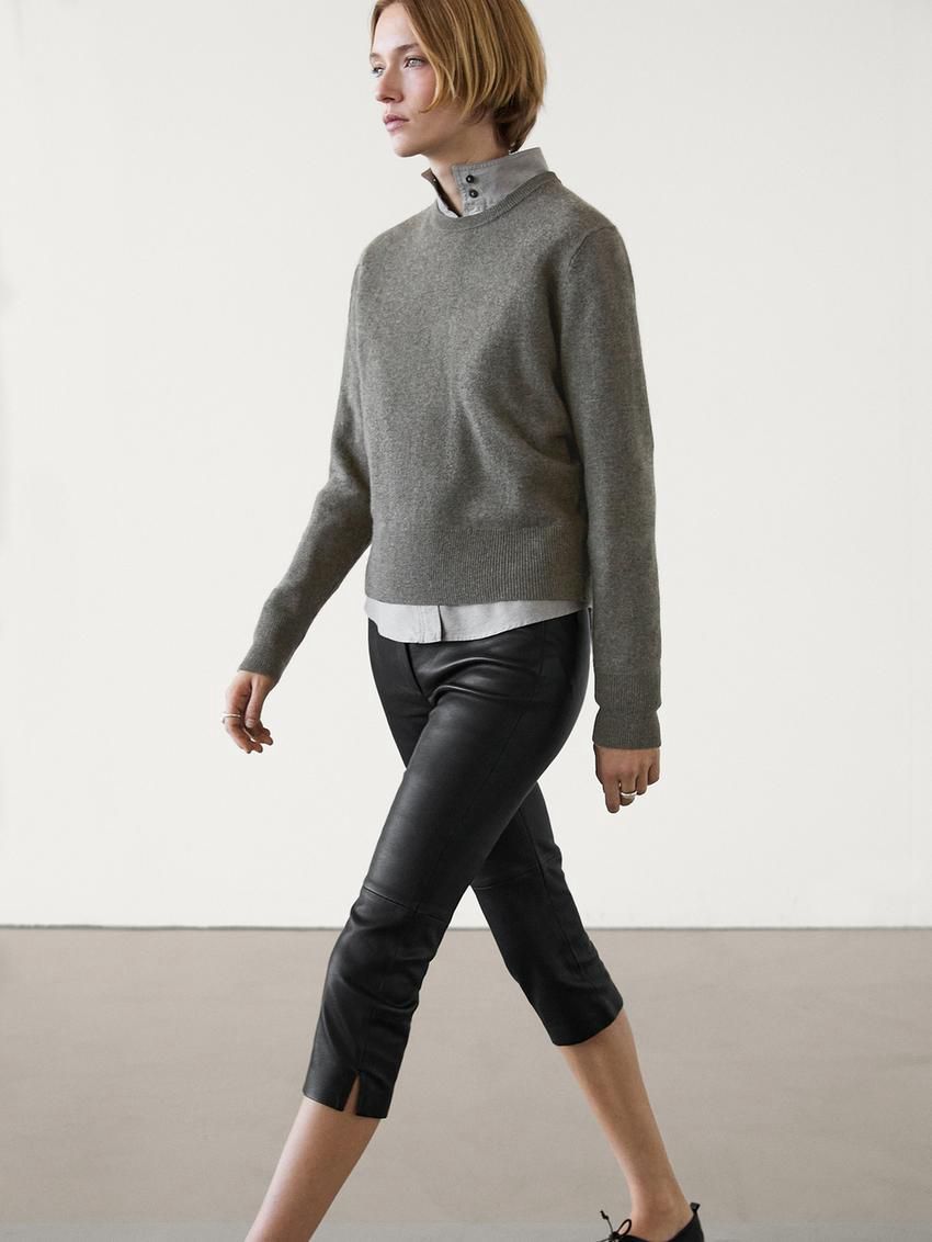 Massimo Dutti Cropped Nappa Leather Women Trousers Black | US-GF1850326