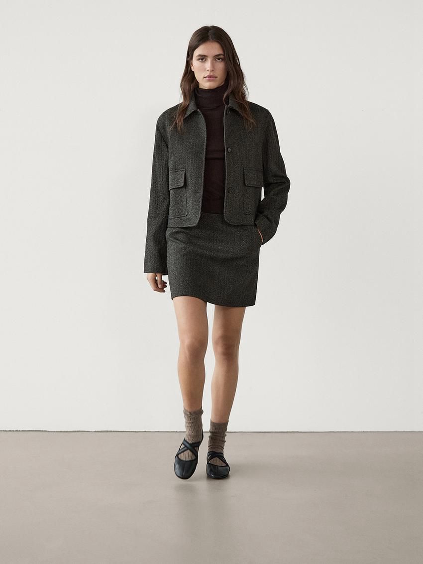 Massimo Dutti Cropped With Herringbone Detail Women Jacket Dark Brown | US-SC6519342