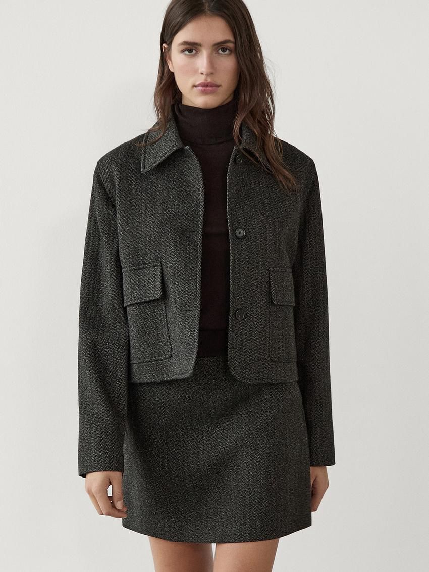 Massimo Dutti Cropped With Herringbone Detail Women Jacket Dark Brown | US-SC6519342