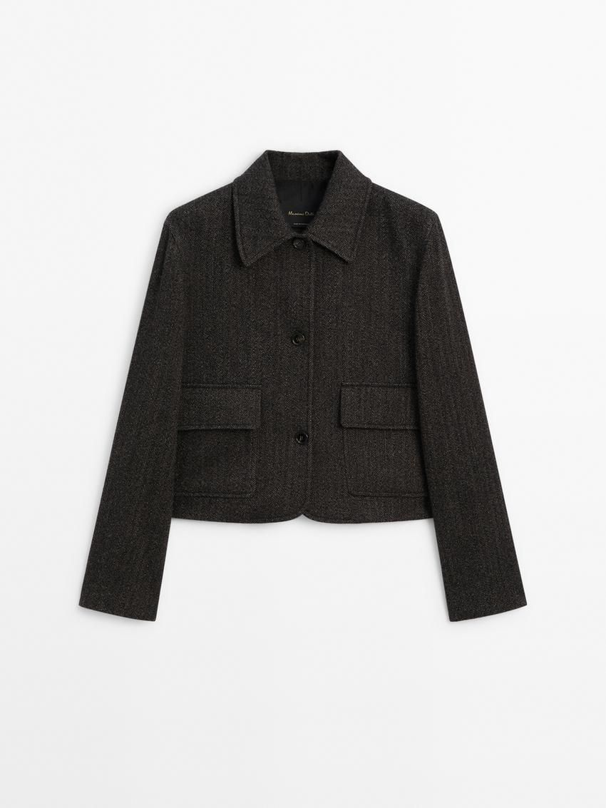 Massimo Dutti Cropped With Herringbone Detail Women Jacket Dark Brown | US-SC6519342